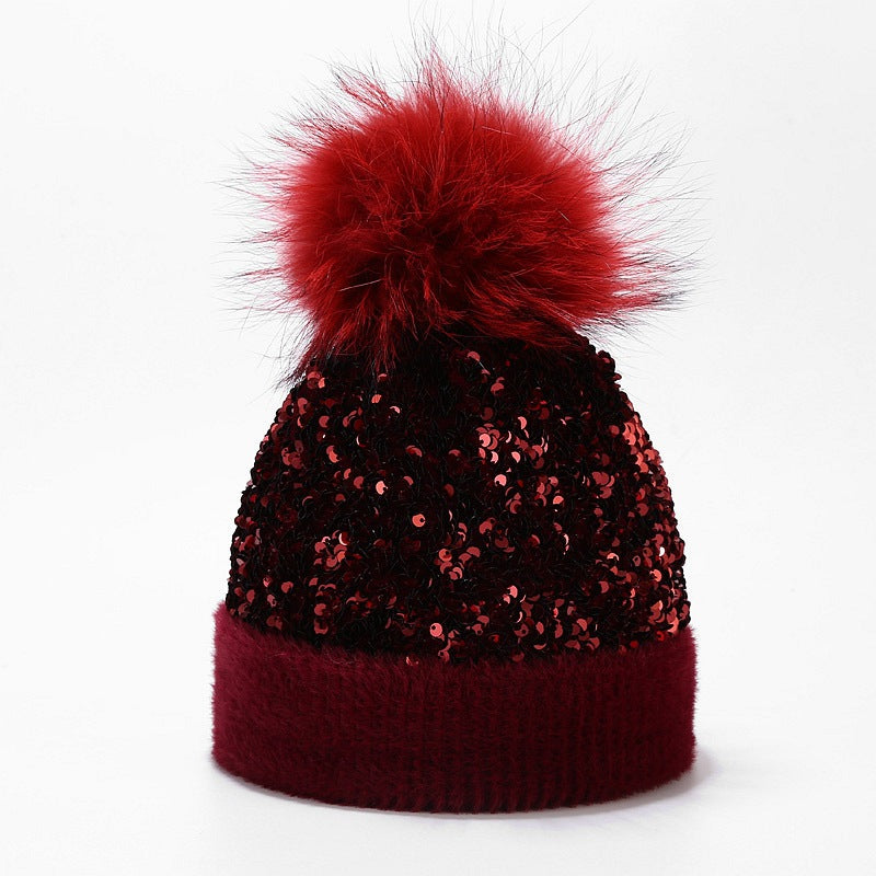 Wholesale Dyed Raccoon Fur Ball Sequin Warm Knitted Hat